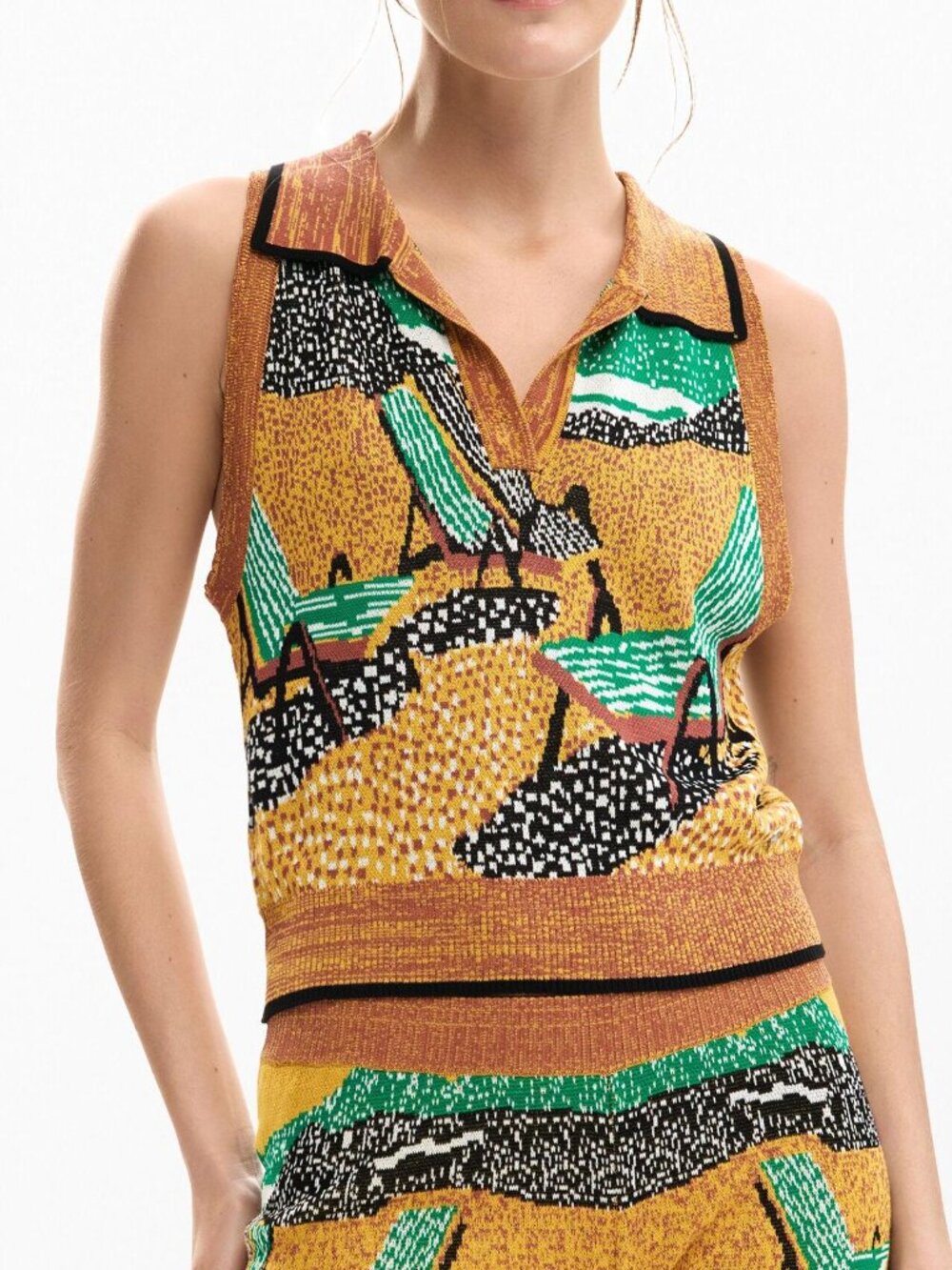 NWOT Desigual Budapest Jacquard Knit Sleeveless Polo Top Size L